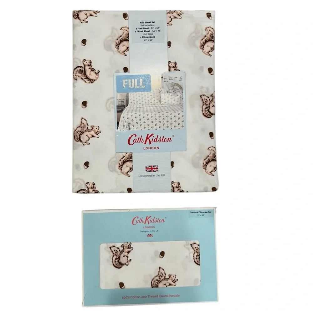 Cath Kidston Squirrel Print Full Sheet Set With 2 STD Pillowcases